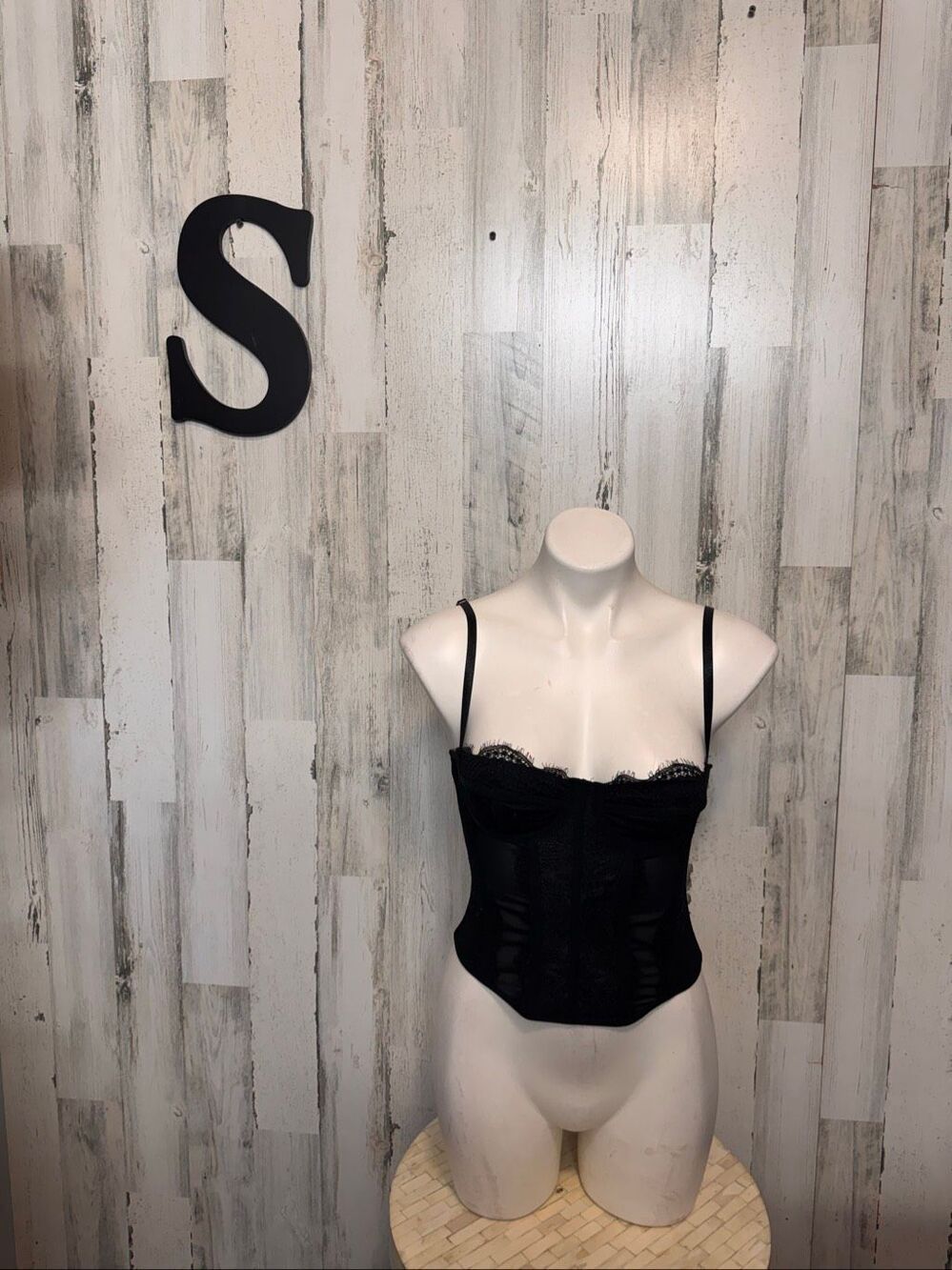 SHEIN Black Lace Mesh Corset Bustier Crop Top Womens Small Eyelash Trim Hook & E